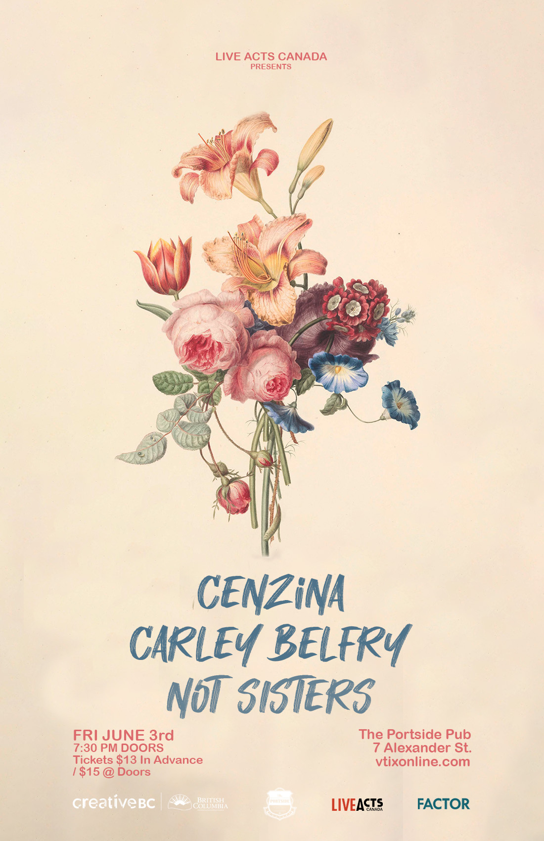 Cenzina With Special Guests, Carley Belfry, and Not Sisters