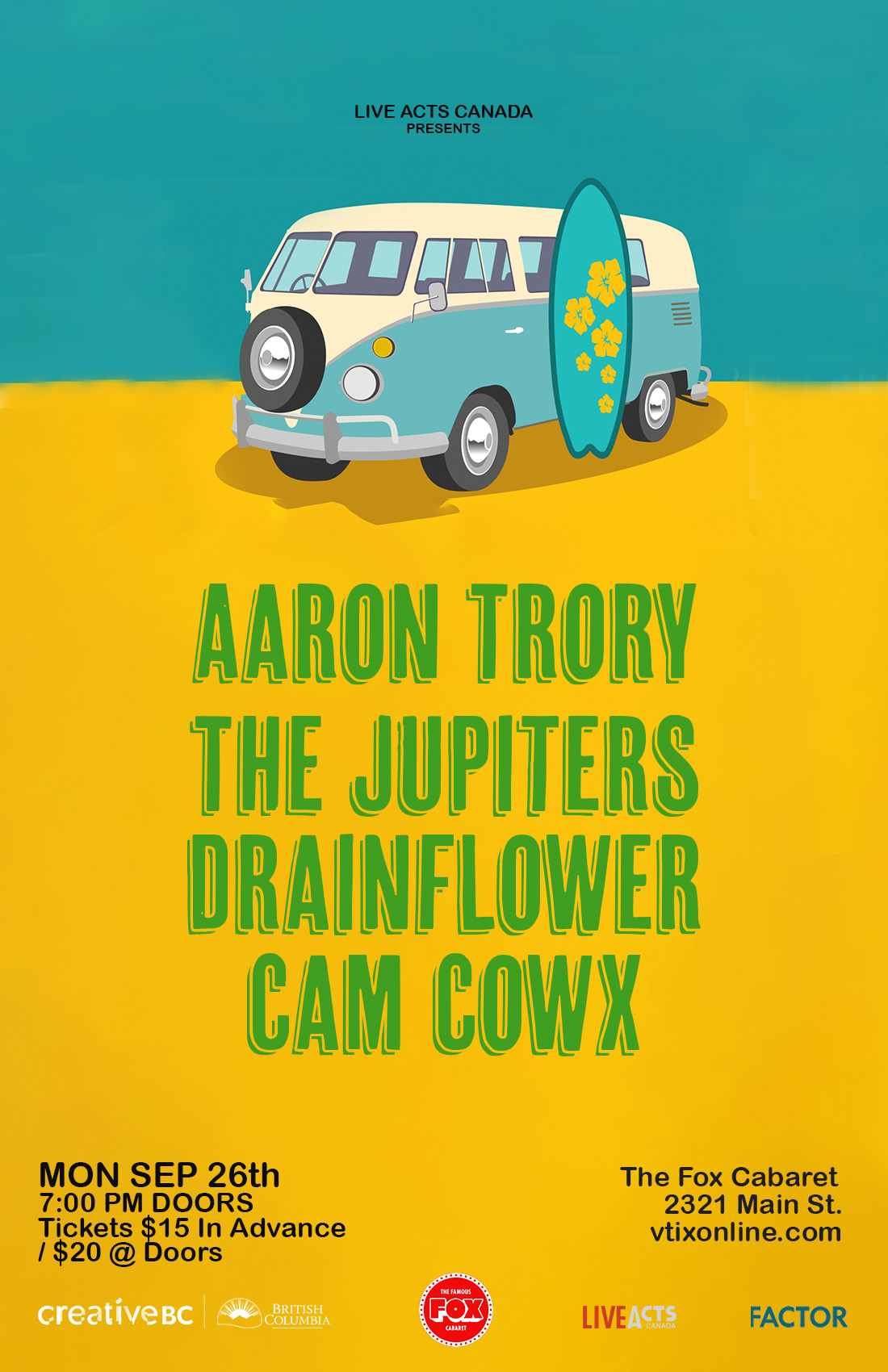 Aaron Trory Band with Special Guests The Jupiters, Drainflower, and Cam Cowx