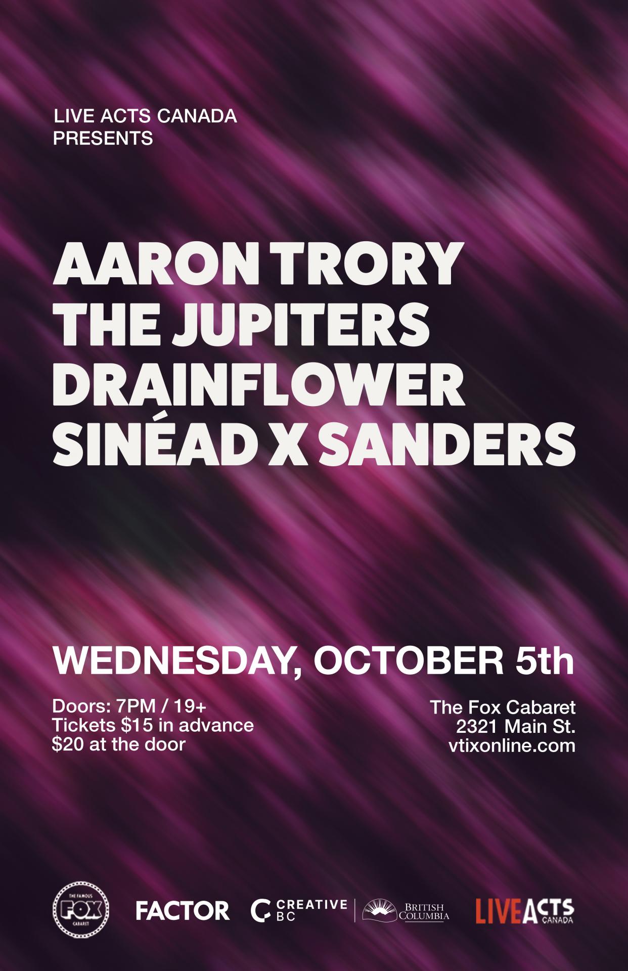 Aaron Trory Band with Special Guests The Jupiters, Drainflower, Sinead X Sanders
