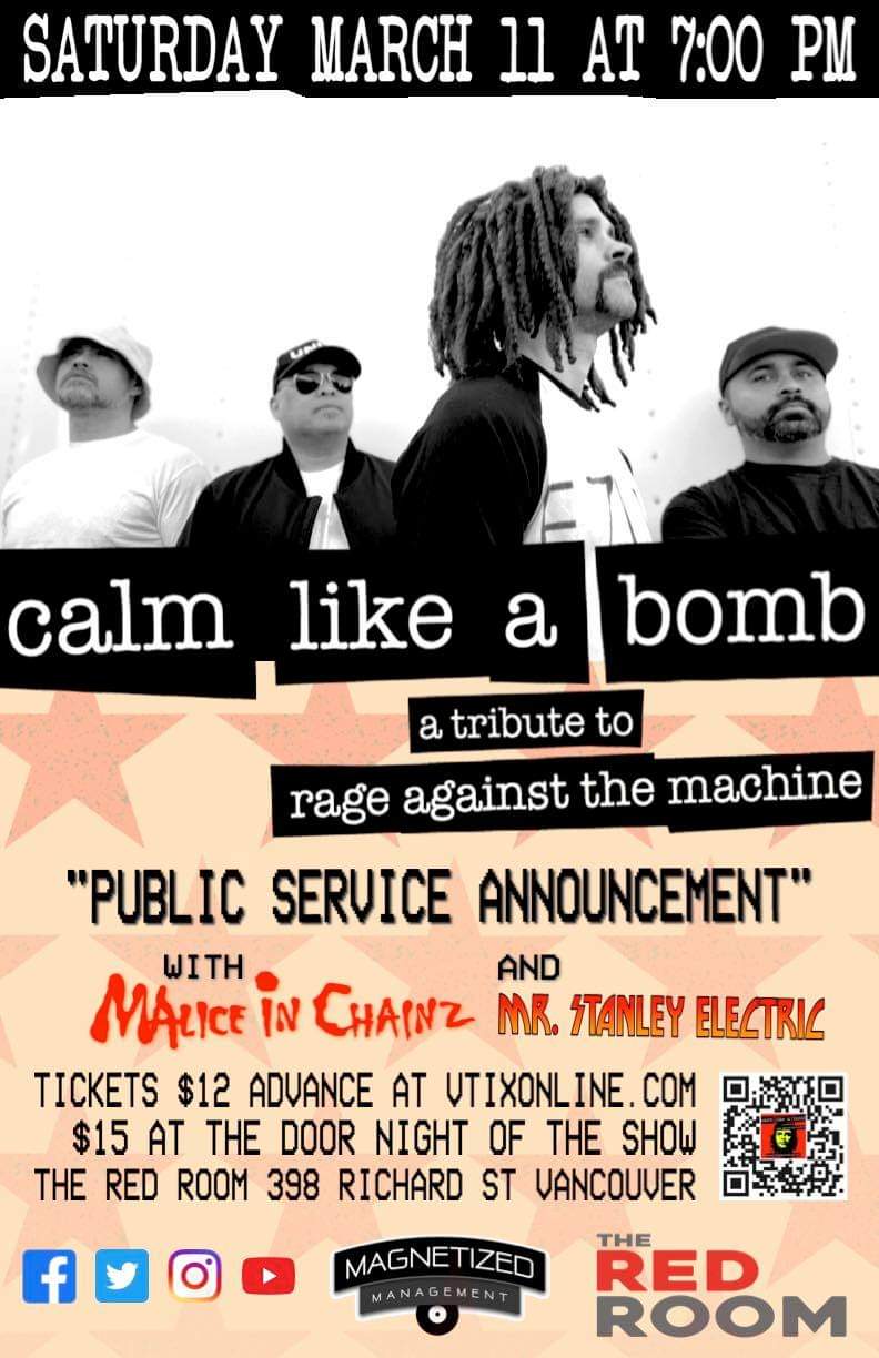 Calm Like A Bomb: a tribute to Rage Against The Machine With Special Guests Malice in Chainz and Mr Stanley Electric